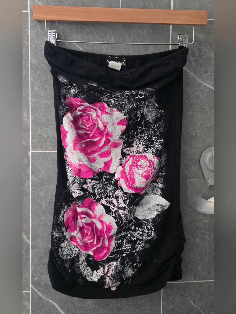 Vintage Wet Seal Black Pink Rose Rhinestone Ruched Sweetheart Tube Top Small